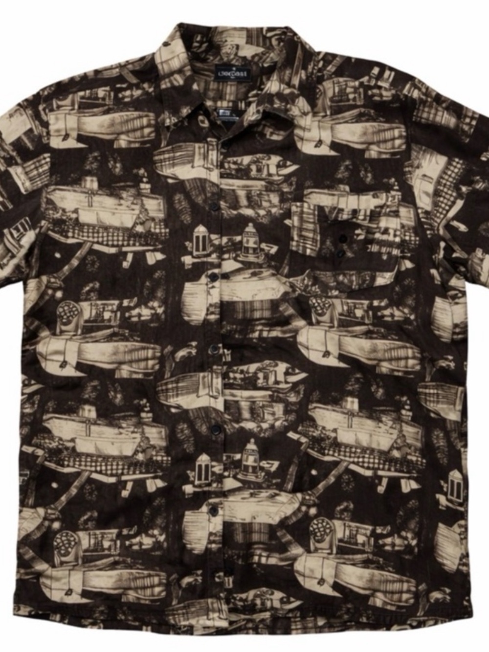 George Mens Large Brown Graphic Print Button Up Shirt Casual Rayon Summer